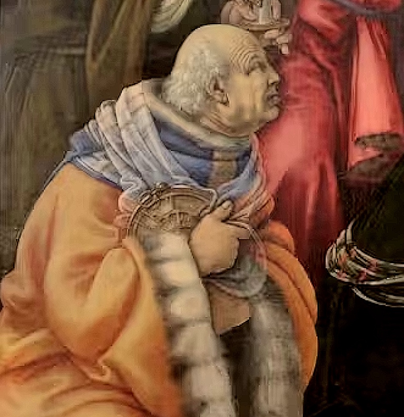 Detail showing an astrolabe in the arms of a magician